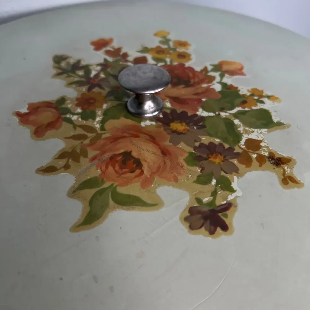 Vtg 60s Harvey Wicker Woven Lidded Sewing Basket  Box Cottage Floral Top Decal